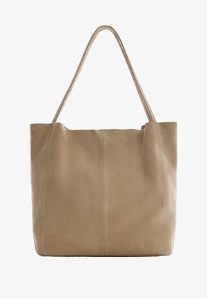 Sac cabas en cuir beige avec deux bretelles et des coutures verticales visibles sur un fond uni.
