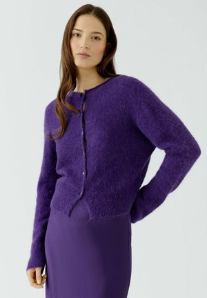 Jeune femme aux longs cheveux bruns portant un cardigan violet duveteux et une jupe violette assortie, posant devant un fond uni.