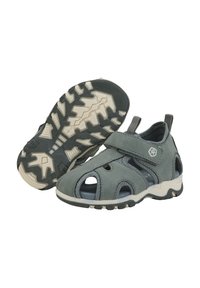 Grå öppet å-sandaler med kardborreband, robust gummisulor med ett texturerat mönster och utskärningar längs kängans ovandel.