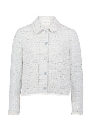 Hvid og lyseblå tweedjakke med krave, frontlommer og fire knaplukninger. Nupperdetaljer ved kanten fremhæver teksturen.