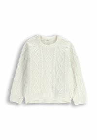 Kremowy sweter w splot kablowy z okrągłym dekoltem, długimi rękawami i ściągaczem u dołu. Posiada złożone wzory w diamentu i skręty.
