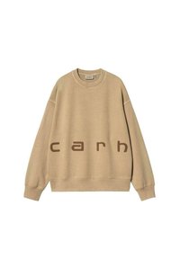 Sudadera beige con escote redondo y ajuste holgado. Presenta la palabra "carh" en un marrón más oscuro, impresa en el pecho.