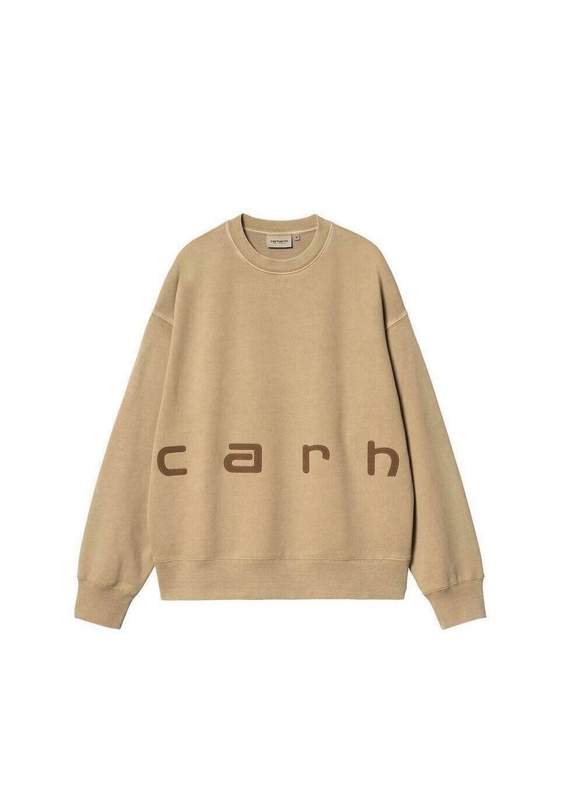 Sweatshirt beige avec un col rond et une coupe oversize. Arbore le mot « carh » en brun foncé, imprimé sur la poitrine.