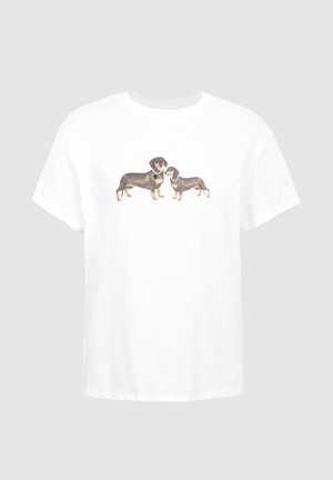White T-shirt with illustration of two standing dachshund dogs facing each other centered on the chest.