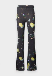 Μαύρο καμπάνα παντελόνι με πολύχρωμο μοτίβο λεμονιού και μικρά λουλουδάκια διάσπαρτα σε όλο το ύφασμα.