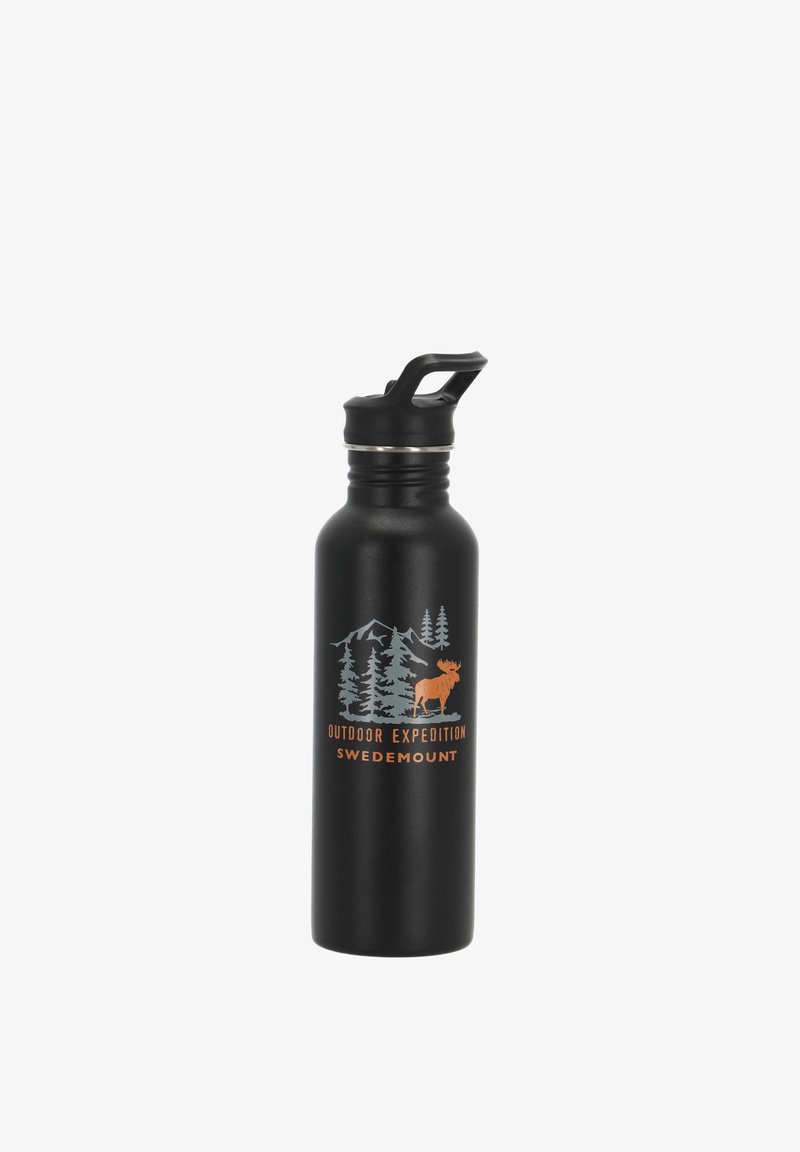 Black metal water bottle with a handle lid, featuring a mountain, trees, and moose graphic, labeled "Outdoor Expedition Swedemount."