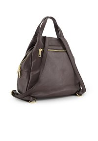 Brown leather backpack with textured finish, gold zippers, two top handles, adjustable shoulder strap, and a front zippered pocket.
