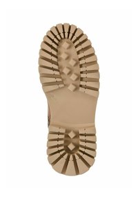 Brązowa podeszwa gumowa z fakturowanym, rowkowanym wzorem, z wypukłymi diamentowymi kształtami dla lepszej przyczepności. Rozmiar oznaczony jako 36 na spodzie.