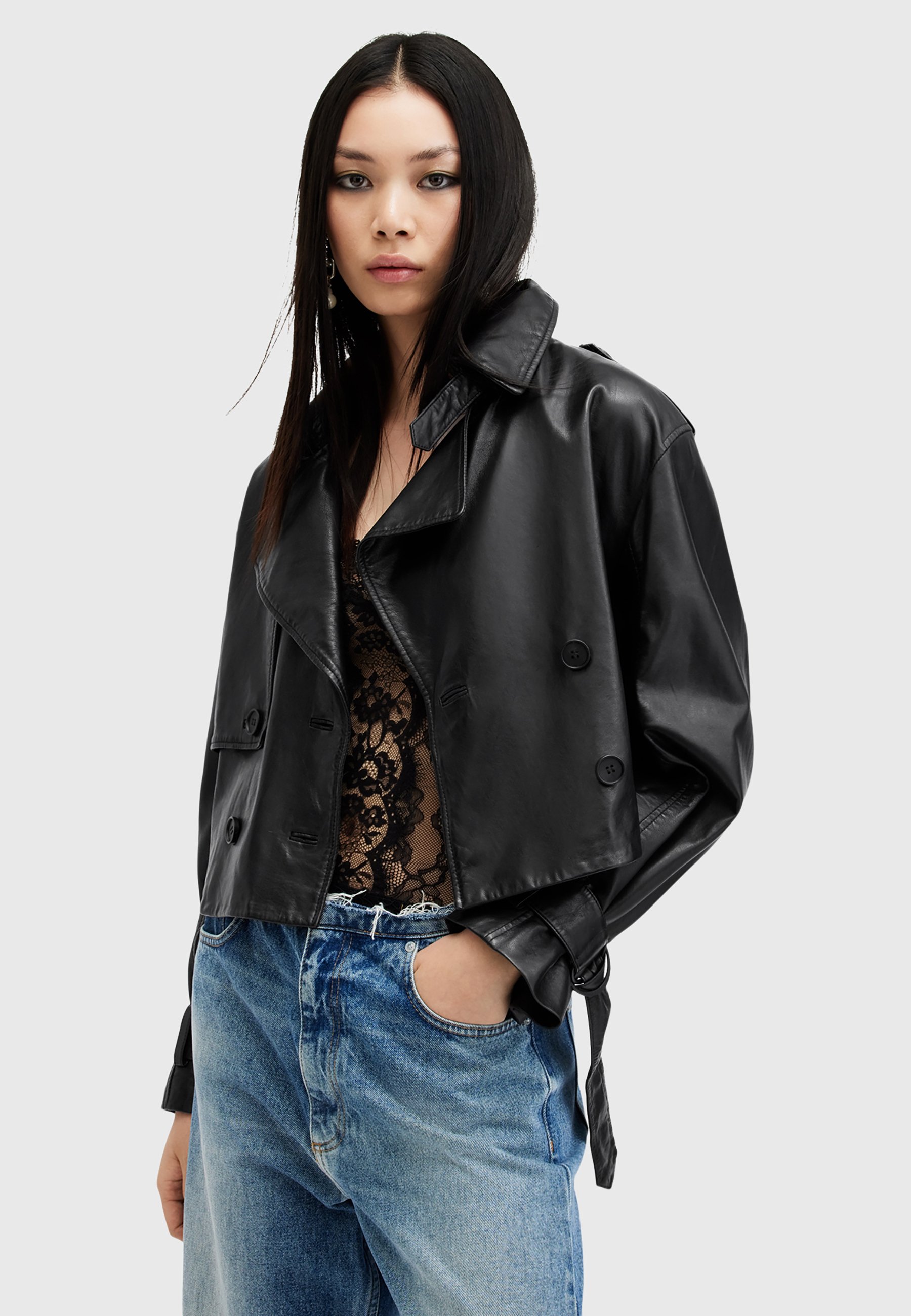 AllSaints HENDRY CROP - Kurtka skórzana/czarny - Zalando.pl