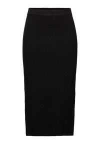 Jupe midi en maille noire avec une texture lisse et une taille cintrée, présentant une forme droite sans motifs ni accents visibles.