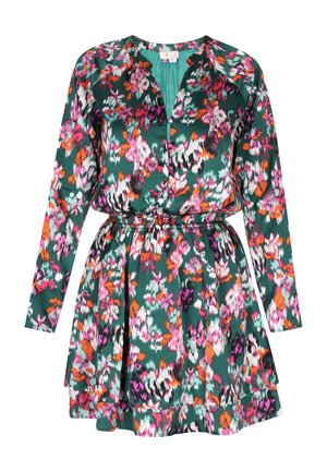 Kukkakuosiset mekko tummanvihreää satiinia, pitkät hihat, V-pääntie, nappisulku ja joustava vyötärö kerrostetun muotoilun vuoksi.