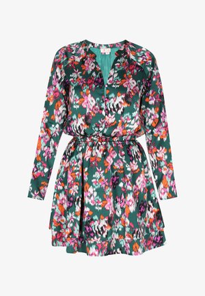 Kukkakuosiset mekko tummanvihreää satiinia, pitkät hihat, V-pääntie, nappisulku ja joustava vyötärö kerrostetun muotoilun vuoksi.