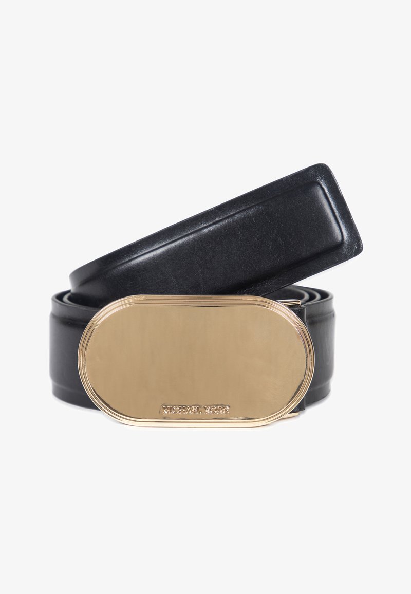 Black leather belt featuring a rectangular gold-tone metal buckle with an embossed logo. Smooth texture and simple design.
