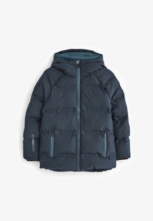 Veste matelassée bleu marine avec capuche, dotée d'une fermeture éclair bidirectionnelle, de deux poches latérales et d'une doublure contrastante couleur sarcelle. Tissu texturé avec un design matelassé.