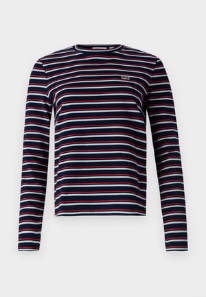 Camicia a maniche lunghe a righe con strisce orizzontali blu navy, bianche e rosse. Collo a girocollo con piccolo logo ricamato sul petto.