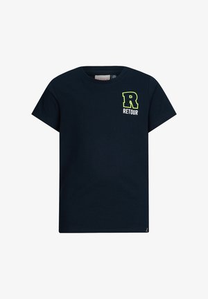 Granatowa bawełniana koszulka z krótkim rękawem z neony zielonym konturem litery "R" oraz napisem "RETOUR" na przodzie. Okrągły dekolt.