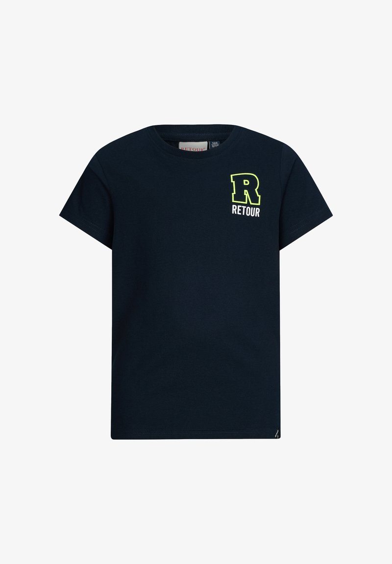 Granatowa bawełniana koszulka z krótkim rękawem z neony zielonym konturem litery "R" oraz napisem "RETOUR" na przodzie. Okrągły dekolt.