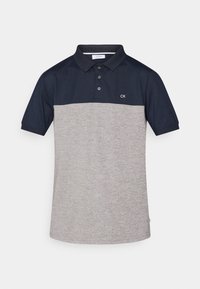 Marineblå og lys grå fargeblokkert polo-skjorte med krage, tre knapper og CK-logo på brystet. Laget av myk, pustende stoff.