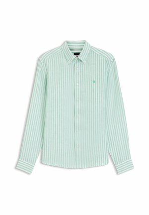 Langärmliges Hemd zum Zumknöpfen mit mintgrünen und weißen vertikalen Streifen, geknöpftem Kragen und kleinem gesticktem Logo auf der Brust.