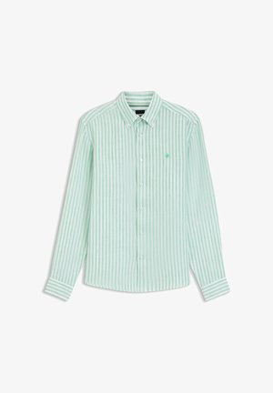 Camicia a maniche lunghe con bottoni, righe verticali verde menta e bianche, colletto abbottonato e piccolo logo ricamato sul petto.
