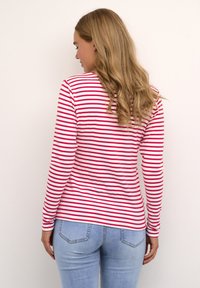 Rood-witte gestreepte blouse met lange mouwen, met een aansluitende pasvorm, gecombineerd met lichtblauwe spijkerbroek, gezien vanuit de achterkant.