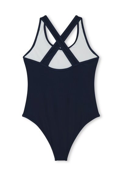 Costume da bagno intero blu navy con spalline incrociate e pannello in rete. Caratterizzato da un tessuto liscio e elastico e un design aderente per il massimo comfort.