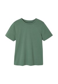 Green cotton t-shirt with short sleeves, a crew neckline, and a straight hem. Fabric has a smooth texture with no visible patterns or accents.