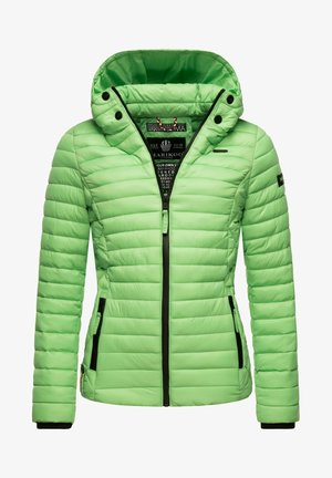 Padded green jacket with a fitted hood, zippered front, and two side pockets. Features horizontal stitching and black accents on zippers.
