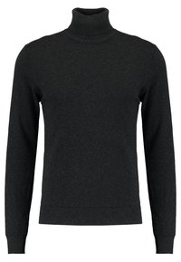 Pull noir à col roulé avec manches longues, en tissu texturé. Présente des poignets et un ourlet côtelés, conçu pour une silhouette ajustée.