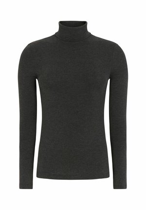 Pulover cu guler înalt de culoare gri închis, cu mâneci lungi, realizat dintr-un material moale și texturat. Design fără cusături, siluetă ajustată și fără elemente metalice vizibile.
