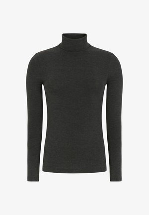 Sötét szürke garbó, hosszú ujjak, puha, texturált anyagból készült. Zökkenőmentes dizájn, testhez simuló sziluett, látható kiegészítők nélkül.