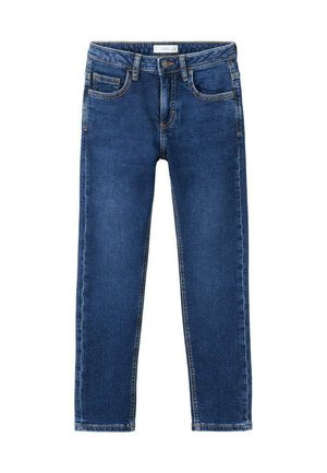 Jeans en denim bleu foncé avec une coupe droite, dotés de poches avant, d'une fermeture par bouton et d'une couture contrastante orange.