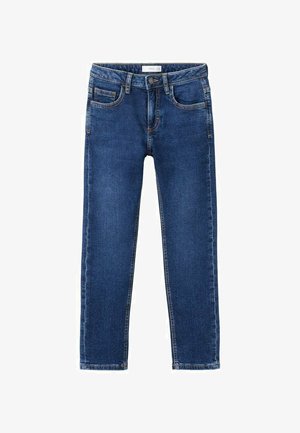 Temno modre jeans hlače iz jeansa s ravnim krojem nogavic, z žepi spredaj, zapiranjem na gumbe in kontrastnim oranžnim šivom.
