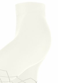 Weiße Baumwollsocken mit einem gerippten Bündchen, glatter Textur und einem subtilen geometrischen grauen Muster im Bereich der Zehen.