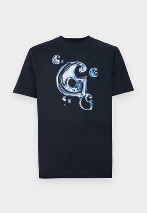 Sort bomulds T-shirt med et blankt, metallisk stil bogstav "G" og bobler i nuancer af blå. Korte ærmer med en klassisk pasform.