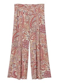 Yksinkertaiset leveälahkeiset housut, jotka on valmistettu kevyestä kankaasta ja joissa on punainen ja vaaleanvärinen paisley-kuvio. Sileä pinta ja korkea vyötärödesign.