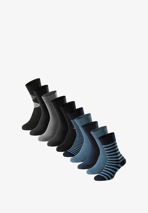 Set di 10 calzini in diverse tonalità di nero, grigio e blu. Le caratteristiche includono colori solidi e un motivo a righe. Realizzati in tessuto elastico.