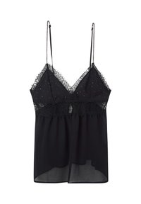 Camisole nera con pizzo trasparente e delicate decorazioni. Spalline regolabili, design fluido e orlo pronunciato.