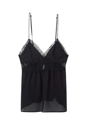 Czarny top bez rękawów z przezroczystym koronkowym wykończeniem i delikatnymi zdobieniami. Regulowane ramiączka, zwiewny fason i wyraźny dół.