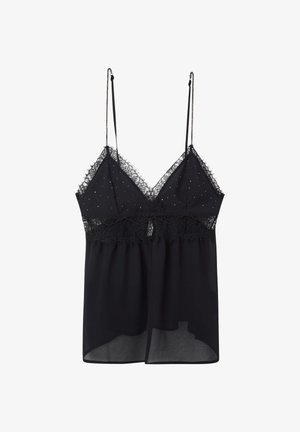 Czarny top bez rękawów z przezroczystym koronkowym wykończeniem i delikatnymi zdobieniami. Regulowane ramiączka, zwiewny fason i wyraźny dół.