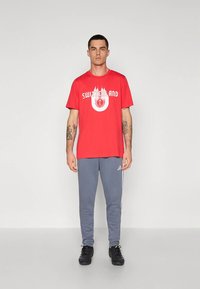 Red cotton t-shirt featuring "SWITZERLAND" graphic and flame design, paired with gray sweatpants with white side stripes and black footwear.