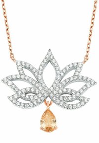 Roségoldene Kette mit einem blütenförmigen Anhänger, der mit Diamanten besetzt ist und einen zentralen tropfenförmigen Champagner-Gemstone-Abhang hat.