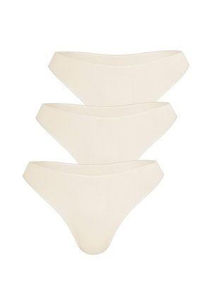 Beige cotton blend thongs, featuring a smooth, stretchy material with a low-rise design and minimalistic band for comfort. Set of three.