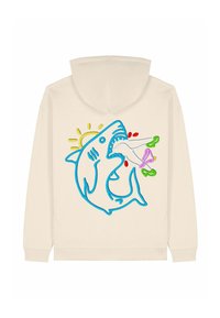 Beige hoodie featuring a blue embroidered shark graphic with a colorful design of a fish and sun, highlighting playful details and vibrant colors.