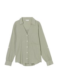 Chemise à manches longues vert clair en tissu doux et texturé, avec un col, une fermeture à boutons sur le devant, une poche poitrine unique et des manches à boutons retroussables.