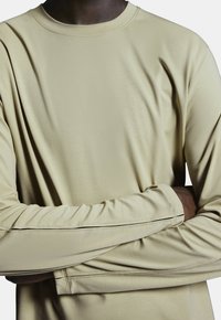 Lange mouwshirt van zacht, lichtgewicht stof in een beige kleur. Kenmerkt een ronde hals en gestikte accenten langs de mouwen.