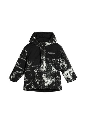 Sort hættetrøje til vinter med hvid sprøjtet mønster og for-lyde lommer, med et lille logo på venstre bryst.