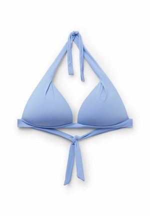 Hellblaues Bikinioberteil in Dreiecksform mit Neckholder und Rückenschnürung, flach auf weißem Hintergrund liegend dargestellt.