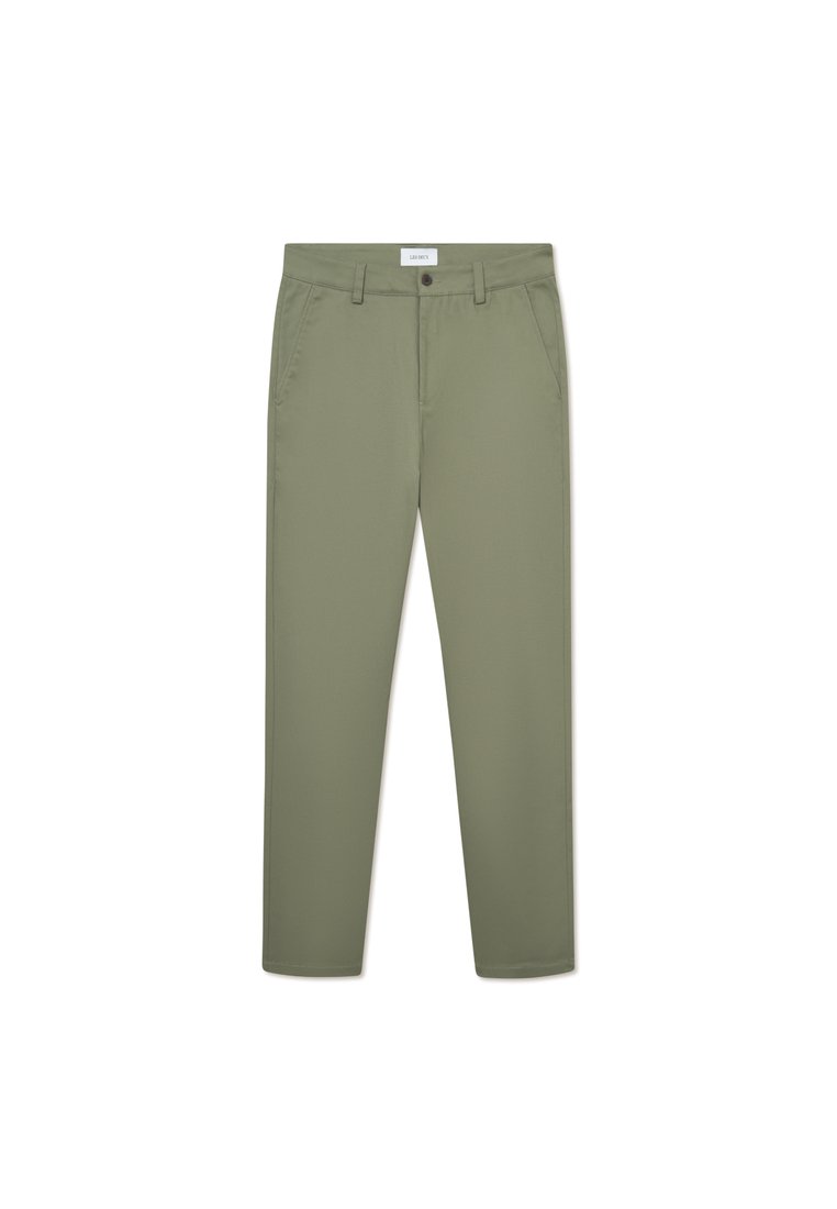 Olivengrønne bukser med slim fit, lavet af glat stof. Funktioner inkluderer to forlommer og en knaplukning i taljen.