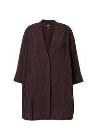 Lange bruine kimono-stijl jas van lichtgewicht stof, met losse mouwen, een open ontwerp aan de voorkant en geplooid detail bij de halslijn.